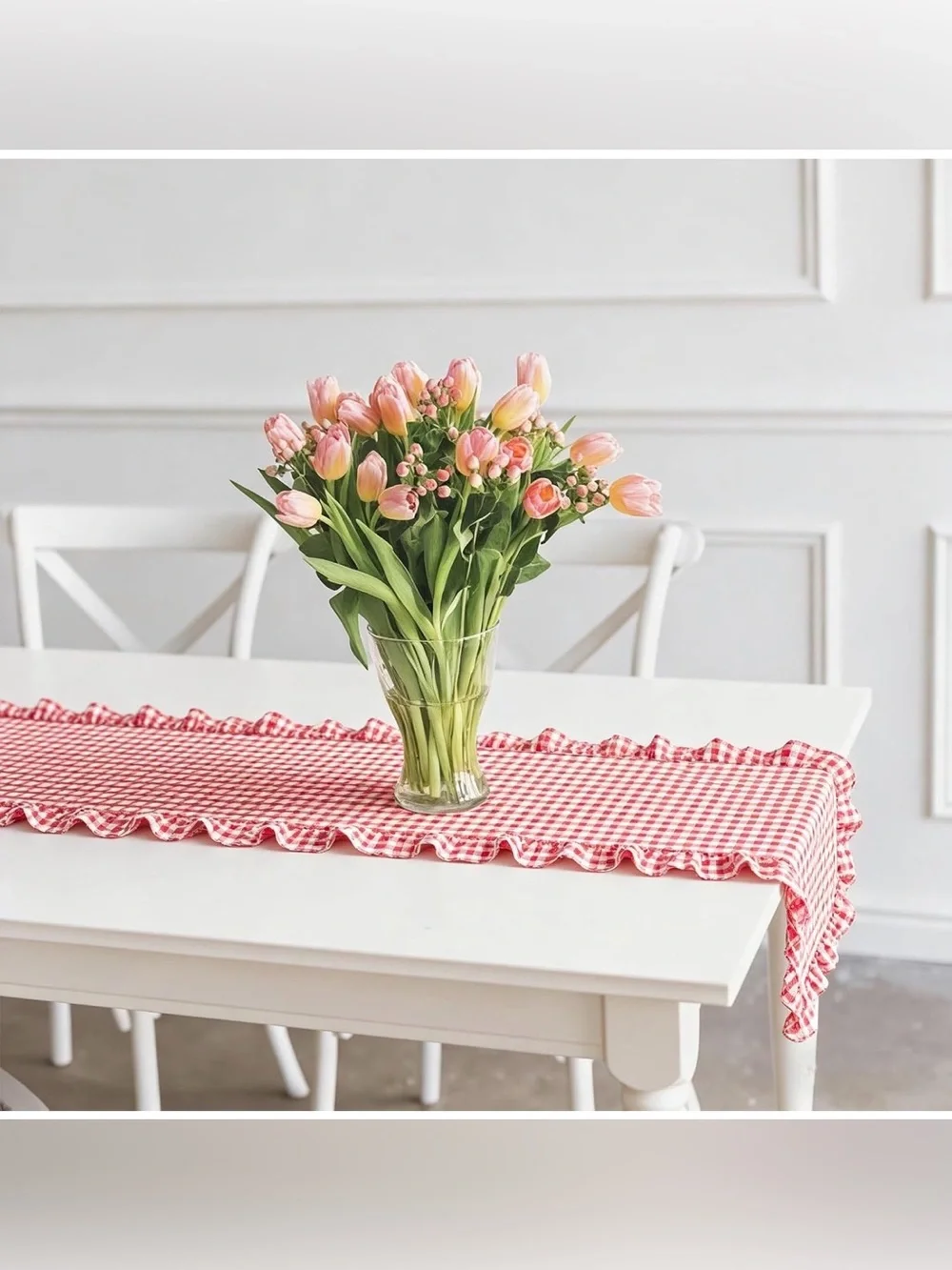 Gingham Ruffle  Red White Plaid Rustic Ruffled Edge Table Runner 118 x 13 inches